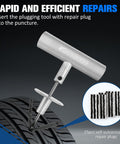 T-handle tool inserting plug into tire from 35 Piece Heavy Duty Universal Emergency Tire Repair Kit For Cars Trucks SUVs ATVs And More Ready To Roll