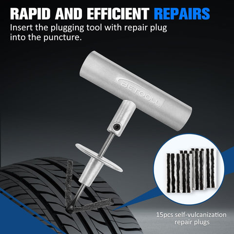 T-handle tool inserting plug into tire from 35 Piece Heavy Duty Universal Emergency Tire Repair Kit For Cars Trucks SUVs ATVs And More Ready To Roll