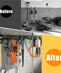 Before and after image of organized garage tools using Heavy Duty Garage Wall Organizer With 700 Pound Capacity And 48 Inch Wide Wall Mount Tool Rack For Garden And Workshop Space Saving Storage To Tidy Tools And Maximize Floor Space In Garage Shed Or Yard.