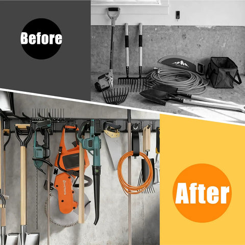 Before and after image of organized garage tools using Heavy Duty Garage Wall Organizer With 700 Pound Capacity And 48 Inch Wide Wall Mount Tool Rack For Garden And Workshop Space Saving Storage To Tidy Tools And Maximize Floor Space In Garage Shed Or Yard.