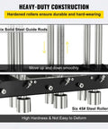 Heavy-duty construction details of Three Station Edge Roller Bender for Sheet Metal Fabrication, showcasing steel guide rods and rollers.