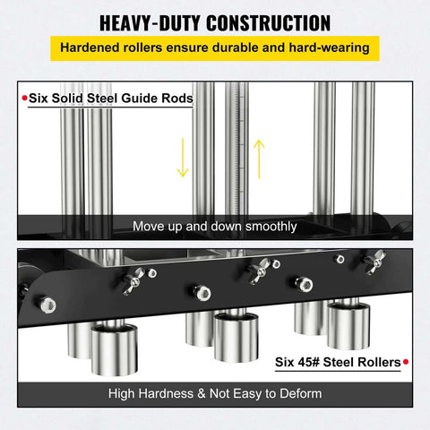 Heavy-duty construction details of Three Station Edge Roller Bender for Sheet Metal Fabrication, showcasing steel guide rods and rollers.