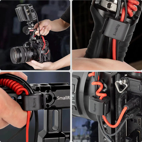 Camera Cable Lock Clamp 4 Pack For HDMI SDI And Microphone Cables Keeps DSLR Rig Cages And Handles Looking Clean No Cable Mess One Quarter Inch Twenty Mount Compatible in use securing red cables on camera rig