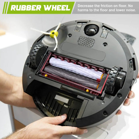 Pair Of Right And Left Drive Wheel Modules For Roomba Series Compatible With 500 600 700 800 900 And 880 860 960 980 Models Plug And Play Easy Install Replacement Upgrade For Consistent Traction And Smooth Cleaning Performance shown installed on a Roomba vacuum bottom view.