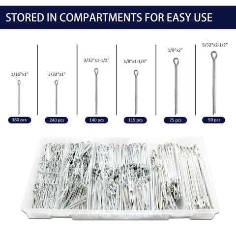 Built Tough Cotter Pin Assortment Kit With Case 1000 Piece Set Including Six Sizes From 1/16 To 5/32 Inch Durable Carbon Steel Split Pins Corrosion Resistant For Tractors Trailers Marine And Industrial Machinery neatly stored in compartments