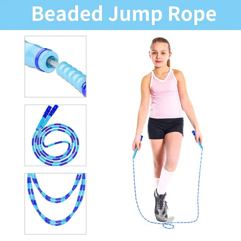 Child using Adjustable Beaded Jump Rope For Fitness, Tangle Free Segmented Rope With Soft Beads, 9.2 Feet Length, Ideal Cardio