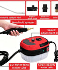 Powerful 2500W Handheld Steam Cleaner With Six Adjustable Settings, speed knob, accessories, long steam tube, red design