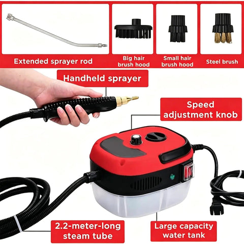 Powerful 2500W Handheld Steam Cleaner With Six Adjustable Settings, speed knob, accessories, long steam tube, red design