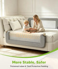 59 Inch Baby Bed Rail Guard For Toddlers on beige bed with child and parent, featuring Oxford mesh and soft foam padding.