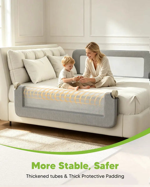 59 Inch Baby Bed Rail Guard For Toddlers on beige bed with child and parent, featuring Oxford mesh and soft foam padding.