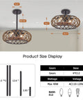 Product size display of caged ceiling fan with lights for farmhouse vibe, low profile flush mount, rattan blades, vintage look.