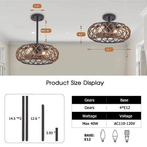 Product size display of caged ceiling fan with lights for farmhouse vibe, low profile flush mount, rattan blades, vintage look.