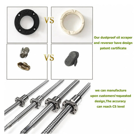 High Precision DFU3210 Ball Screw With Double Ball Nut For CNC Machine Projects Featuring 32mm Diameter Roller Design C5 Accuracy Grade At 2000mm Length showing various components and comparisons.