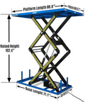 Heavy Duty Wireless Remote Electric Scissor Lift Table With 2200 Lb Capacity, Massive 86 Inch Platform, And Smooth Hydraulic Action For Serious Warehouse Jobs Or Heavy Machine Maintenance Tasks, showcasing dimensions next to the lift