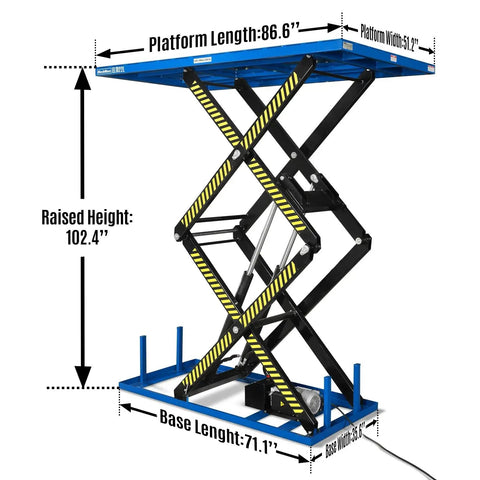Heavy Duty Wireless Remote Electric Scissor Lift Table With 2200 Lb Capacity, Massive 86 Inch Platform, And Smooth Hydraulic Action For Serious Warehouse Jobs Or Heavy Machine Maintenance Tasks, showcasing dimensions next to the lift