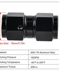 6AN Female To 6AN Female Straight Swivel Coupler Union Fitting Adapter Aluminum Black 2 Pack Beefy High Flow Connector For Automotive Race Ready Marine 1500 PSI Rated Minus Forty To Two Hundred Fifty Degrees Fahrenheit, hex size 18mm