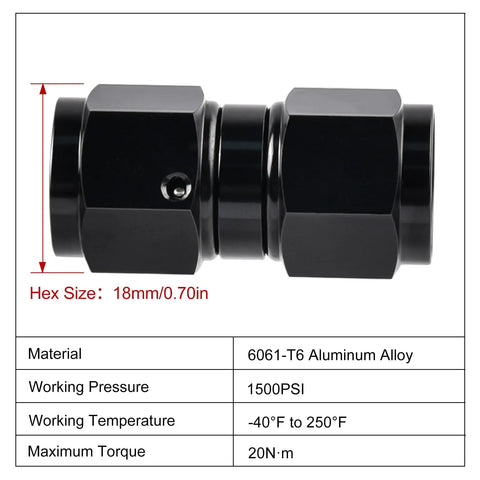 6AN Female To 6AN Female Straight Swivel Coupler Union Fitting Adapter Aluminum Black 2 Pack Beefy High Flow Connector For Automotive Race Ready Marine 1500 PSI Rated Minus Forty To Two Hundred Fifty Degrees Fahrenheit, hex size 18mm