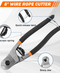 8 inch wire rope cutter with sharp jaw, telescopic spring, quick-release latch; part of 3 Piece Bolt Cutter Pliers Set With 14 Inch Heavy Duty Bolt Cutter, 8 Inch Mini Cutter And 8 Inch Wire Rope Cutter In Storage Bag, CR V Steel Blades For Chains Locks Barbed Wire.