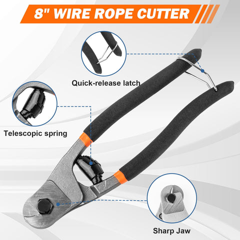8 inch wire rope cutter with sharp jaw, telescopic spring, quick-release latch; part of 3 Piece Bolt Cutter Pliers Set With 14 Inch Heavy Duty Bolt Cutter, 8 Inch Mini Cutter And 8 Inch Wire Rope Cutter In Storage Bag, CR V Steel Blades For Chains Locks Barbed Wire.