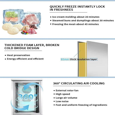 Heavy Duty Commercial Kitchen Workhorse Blast Chiller And Freezer Featuring 15 Stainless Steel Trays 220 Volt Motor And Digital Probe For Smokin Fast Flash Cooling Restaurant Ready features quick freeze instructions and design details.
