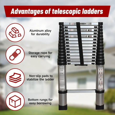 10.5 Foot Telescoping Aluminum Ladder, Folding Go-To Tool, Non Slip Multi-Use Step and Extension Ladder, Inward Sliding Collapsible Design, Easy Open and Close, Compact Storage, Supports Up to 330 Lbs for Home Garage and Outdoors