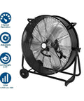 Heavy Duty 24 Inch Industrial Drum Fan Pumping Out 8100 CFM High Velocity Blast At Three Speeds With 180 Degree Tilt To Beat The Heat In Your Shop Today, showcasing adjustable tilt and 3-speed operation.