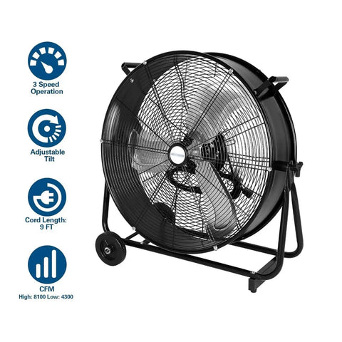 Heavy Duty 24 Inch Industrial Drum Fan Pumping Out 8100 CFM High Velocity Blast At Three Speeds With 180 Degree Tilt To Beat The Heat In Your Shop Today, showcasing adjustable tilt and 3-speed operation.