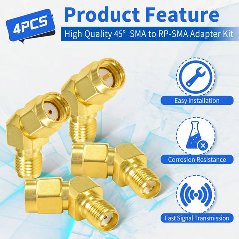 FPV Antenna Adapters SMA To RP-SMA 45 Degree Connector Kit 4 Pack For FPV Drones And Goggles, Brass Gold, Easy Installation