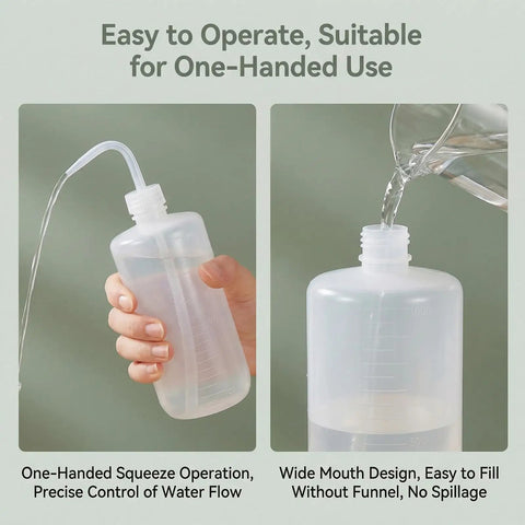 Set Of Two 34 Oz Plastic Wash Bottles Serving Up A Real Deal Squeeze Experience For Tattoo Pros And Lab Techs Featuring visible measuring scale and one-handed squeeze operation.