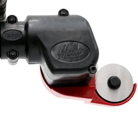 TurboShear TSPC1 Rotary Panel Cutter Drill Attachment with dual cutting wheels, close-up view of metal and plastic components.