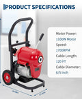 Heavy Duty Electric Drain Cleaning Machine Featuring 1100 Watt Motor And 120 Foot Steel Sewer Snake Auger specifications on display.