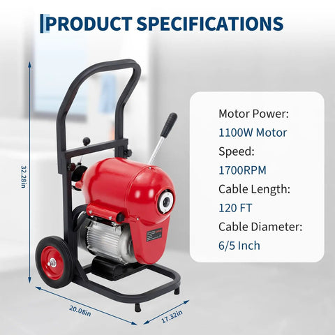 Heavy Duty 1100W Electric Drain Cleaner Machine With 120 Ft Sewer Snake Auger specifications showing motor, dimensions, and features.