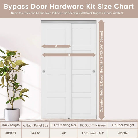 Heavy Duty 48 Inch Aluminum Bypass Sliding Closet Door Hardware Kit with Finger Pull for Two Door System, size chart.