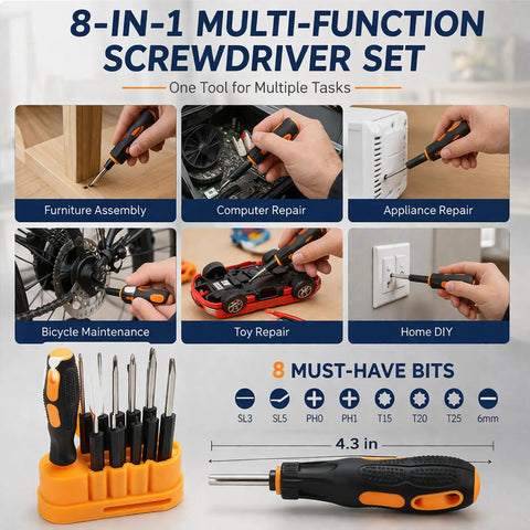 8-in-1 multi-function screwdriver set with illustrated usage for various tasks like assembly, repair, and maintenance