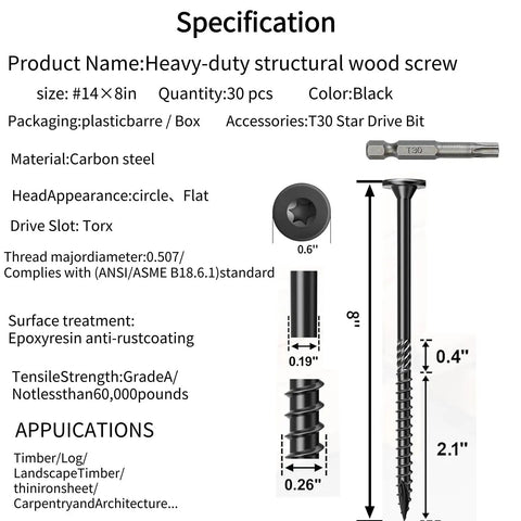 Heavy Duty Structural Screws With T30 Driver Bit And Self Tapping Tip For Seamless Woodworking and decking builds, 8-inch carbon steel screw.