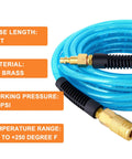 1/4 Inch By 25 Foot Reinforced Polyurethane Air Hose With Brass Fittings 300 PSI Max Blue PU Tubing coiled, close-up view