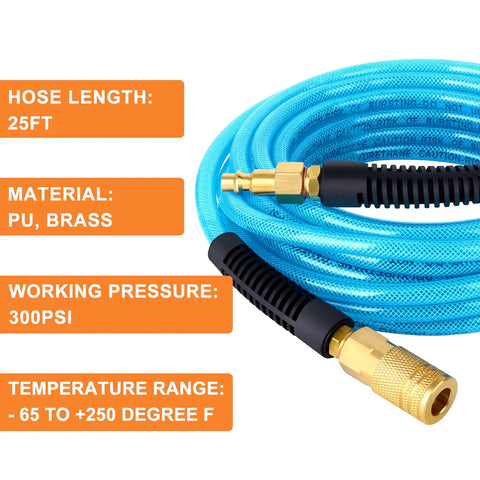 1/4 Inch By 25 Foot Reinforced Polyurethane Air Hose With Brass Fittings 300 PSI Max Blue PU Tubing coiled, close-up view