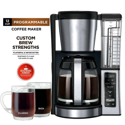 12-Cup Programmable Coffee Maker With Glass Carafe, Classic And Rich Brew Styles, Adjustable Warming Plate, Removable 60 Oz Reservoir, Stainless Steel Finish For Bold Barista Level Flavor At Home viewed from front