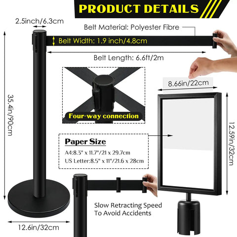 Retractable Belt Stanchions 3 Pack for Crowd Control Barriers With Ropes and Poles Black Six Point Six Feet Tall Durable Stainless Steel Posts With Sign Frame Holder in detailed measurements display.