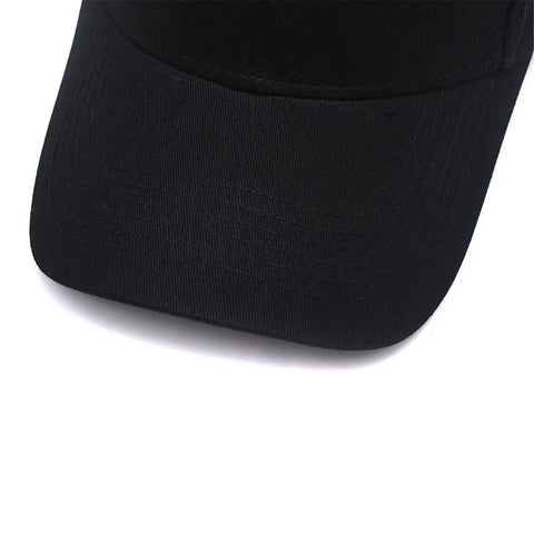 Close-up of black Customizable Adjustable Baseball Cap For Men And Women With Your Text Logo Or Image, Breathable 100 Percent Cotton Sun Hat