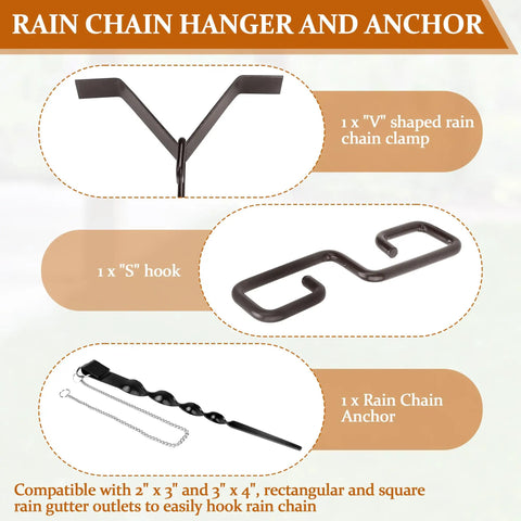 Rain Chain Hanger and Ground Anchor Kit with V-shaped clamp, S-hook, and anchor for outdoor garden rain chains copper clip set