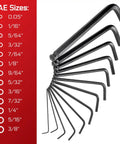 Ultimate 26 Piece Long Arm Ball End Hex Key Set with SAE hex keys in sizes 0.05 to 3/8 inch for auto, bike, home, and furniture repairs.