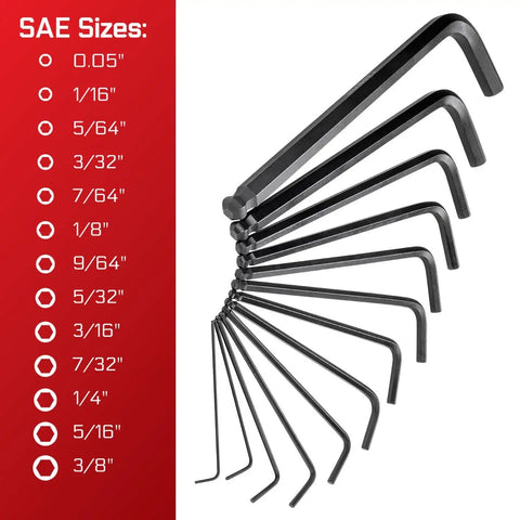 Ultimate 26 Piece Long Arm Ball End Hex Key Set with SAE hex keys in sizes 0.05 to 3/8 inch for auto, bike, home, and furniture repairs.