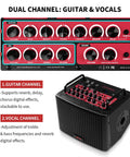 Front view of 40W Portable Acoustic Guitar Amp with dual channel controls and detailed label, showcasing guitar and mic settings.