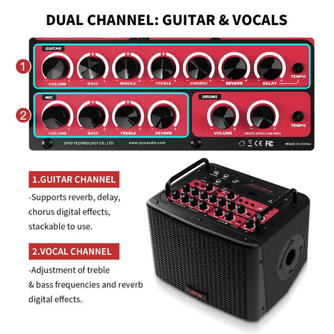 Front view of 40W Portable Acoustic Guitar Amp with dual channel controls and detailed label, showcasing guitar and mic settings.