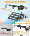 Heavy Duty Under Desk PC Mount No Drill Table Clamp with adjustable design, showing dimensions and installation features.