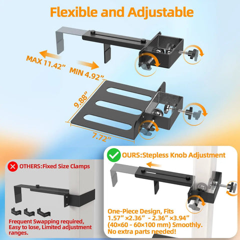 Heavy Duty Under Desk PC Mount No Drill Table Clamp with adjustable design, showing dimensions and installation features.