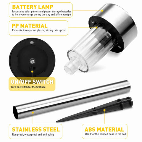 Components of Outdoor Solar Pathway Lights 12 Pack Stainless Steel Waterproof LED Landscape Lighting For Yard Patio Walkway Garden Lawn Cool White Solar Powered Easy Install Durable LED Garden Light Set shown.