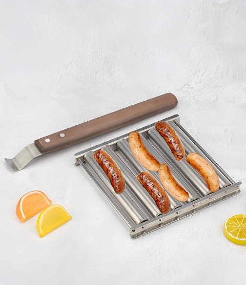 Cool-Touch Hot Dog Roller With Extra Long Wooden Handle Stainless Steel Grill Accessory For Gas Charcoal And Electric Grills Or Oven Use