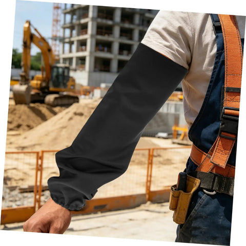 Legit Flame Resistant Welding Sleeves And Built Different Cotton Arm Guards for heavy-duty heat protection on a construction site.
